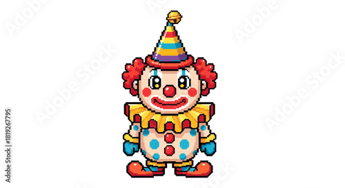 Pixelated clown character with a colorful conical hat for whimsical designs and playful