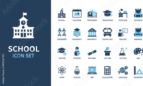 Comprehensive set of blue and white vector icons for school, university, education, graduation, science, learning, and academic symbols.