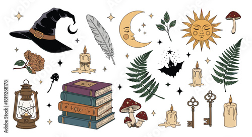 An enchanting collection of mystical and natural elements, featuring a witch's hat, sun, moon, spell books, candles, and magical foliage.