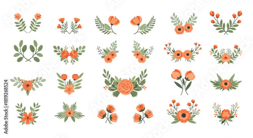 A collection of elegant and simple orange floral arrangements and wreaths, perfect for wedding invitations, greeting cards, and decorative design elements.