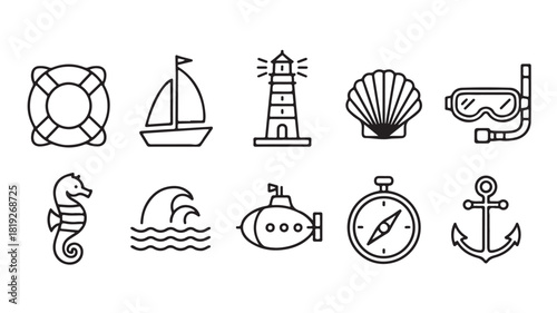 Set of minimalist nautical icons simple line art vector design elements for summer vacation and travel isolated on white background