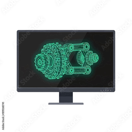 Monitor displaying mechanical gear wireframe, flat vector screen, dark turquoise glow, CAD engineering design