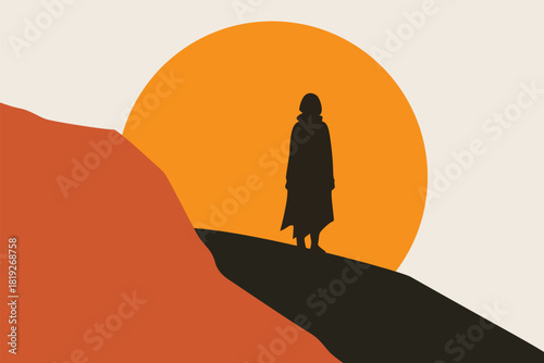 Minimalist silhouette illustration of a lone figure standing on a hill against a large orange sun. Evokes solitude, contemplation, journey, destiny, and emotional depth.