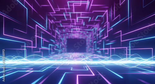 Digital Neon Corridor: An immersive futuristic corridor radiates with neon lights and digital lines, guiding the viewer through a mesmerizing cyber realm of technology. 