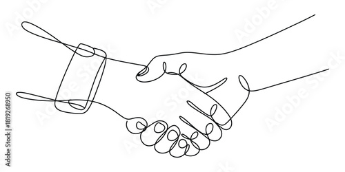 Continuous line drawing of a handshake with a smartphone concept.