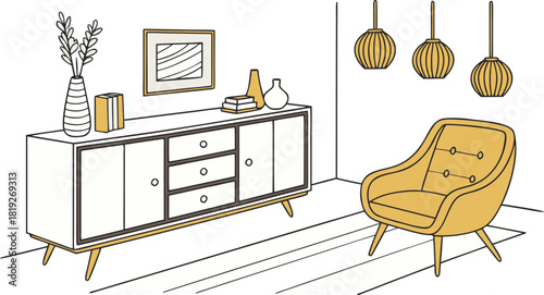 Interior . A stylish modern interior scene featuring a mid-century wooden sideboard with clean lines, three drawers, and open shelves. Decorative objects on top include minimalist ceramic vases.