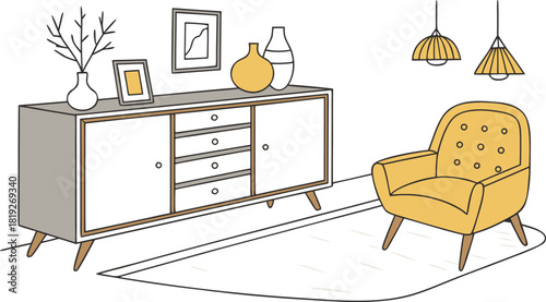 Interior . A stylish modern interior scene featuring a mid-century wooden sideboard with clean lines, three drawers, and open shelves. Decorative objects on top include minimalist ceramic vases.