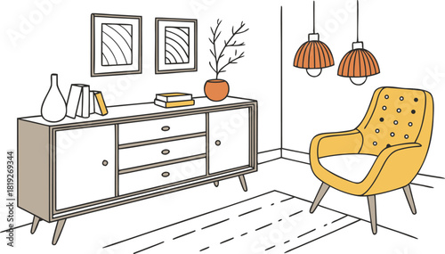 Interior . A stylish modern interior scene featuring a mid-century wooden sideboard with clean lines, three drawers, and open shelves. Decorative objects on top include minimalist ceramic vases.