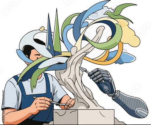 A cartoon artist wearing a welding helmet and robotic arm sculpts a tree with colorful swirling designs rising from it on a block against a white background.