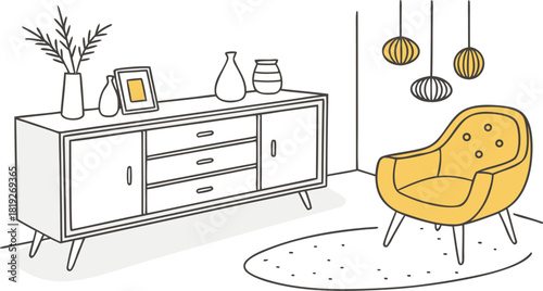 Interior . A stylish modern interior scene featuring a mid-century wooden sideboard with clean lines, three drawers, and open shelves. Decorative objects on top include minimalist ceramic vases.