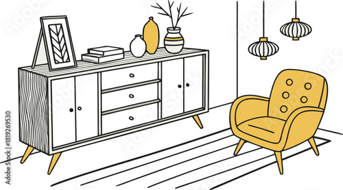 Interior . A stylish modern interior scene featuring a mid-century wooden sideboard with clean lines, three drawers, and open shelves. Decorative objects on top include minimalist ceramic vases.