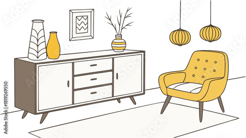 Interior . A stylish modern interior scene featuring a mid-century wooden sideboard with clean lines, three drawers, and open shelves. Decorative objects on top include minimalist ceramic vases.