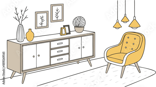 Interior . A stylish modern interior scene featuring a mid-century wooden sideboard with clean lines, three drawers, and open shelves. Decorative objects on top include minimalist ceramic vases.