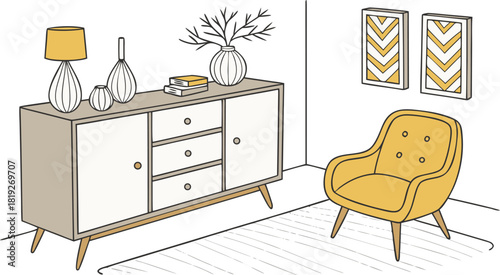 Interior . A stylish modern interior scene featuring a mid-century wooden sideboard with clean lines, three drawers, and open shelves. Decorative objects on top include minimalist ceramic vases.
