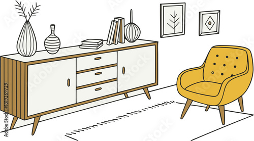 Interior . A stylish modern interior scene featuring a mid-century wooden sideboard with clean lines, three drawers, and open shelves. Decorative objects on top include minimalist ceramic vases.