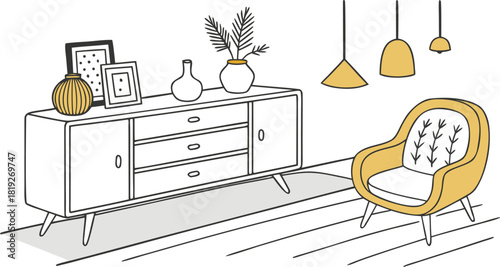 Interior . A stylish modern interior scene featuring a mid-century wooden sideboard with clean lines, three drawers, and open shelves. Decorative objects on top include minimalist ceramic vases.