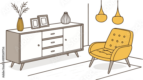 Interior . A stylish modern interior scene featuring a mid-century wooden sideboard with clean lines, three drawers, and open shelves. Decorative objects on top include minimalist ceramic vases.