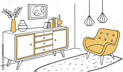 Interior . A stylish modern interior scene featuring a mid-century wooden sideboard with clean lines, three drawers, and open shelves. Decorative objects on top include minimalist ceramic vases.