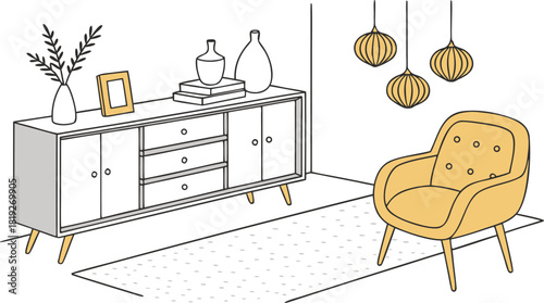 Interior . A stylish modern interior scene featuring a mid-century wooden sideboard with clean lines, three drawers, and open shelves. Decorative objects on top include minimalist ceramic vases.