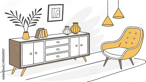 Interior . A stylish modern interior scene featuring a mid-century wooden sideboard with clean lines, three drawers, and open shelves. Decorative objects on top include minimalist ceramic vases.