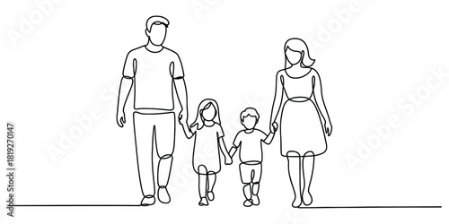Continuous line drawing of a happy family walking together illustration.