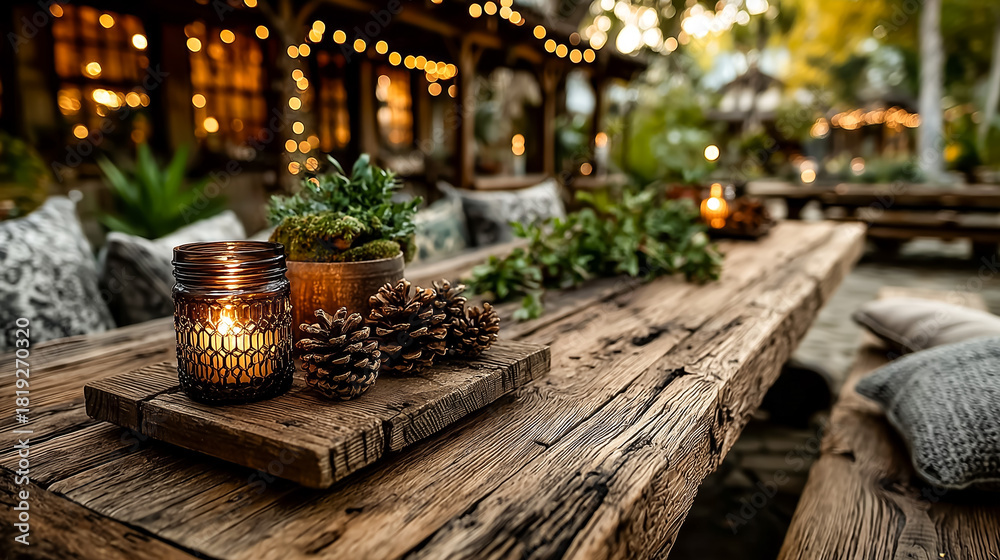 Fototapeta premium Cozy outdoor dining table decorated with candles and pine cones