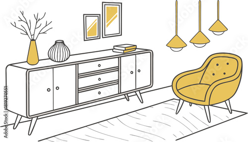 Interior . A stylish modern interior scene featuring a mid-century wooden sideboard with clean lines, three drawers, and open shelves. Decorative objects on top include minimalist ceramic vases.