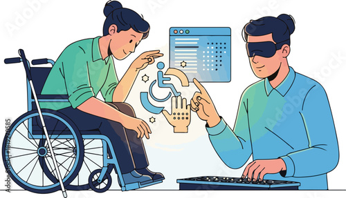 Illustration of a man in a wheelchair and a visually impaired man interacting with a sign language interface on a computer with a white background.