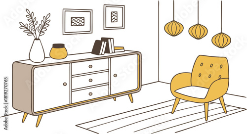 Interior . A stylish modern interior scene featuring a mid-century wooden sideboard with clean lines, three drawers, and open shelves. Decorative objects on top include minimalist ceramic vases.