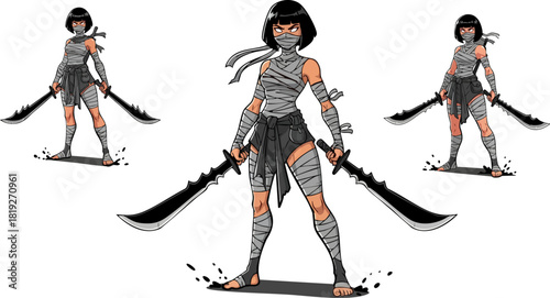 Ninja warrior with swords stands ready for battle in the darkness of the night