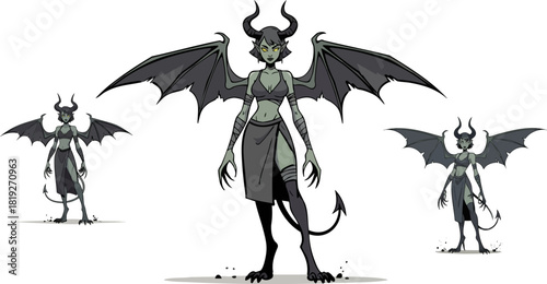 Demon woman with wings and horns standing confidently in a dark fantasy setting