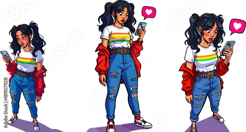 Young woman with rainbow shirt checks her phone and receives a loving message online