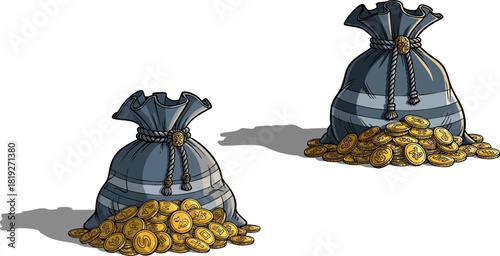 Two overflowing bags of gold coins represent wealth and treasure in a fantasy game