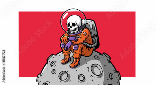 Skeleton astronaut sits pensively on the moon with a red background illustration