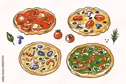 Various types of pizza. Classic Margherita with cheese, seafood, bacon, mushrooms. Hand drawn cartoon pizzeria. Fast food, Italian restaurant. Vector illustration. Design for menu, logo, template