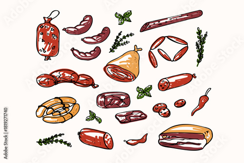 Different kind Sausages. Hand drawn cartoon vector illustration. Smoked meat products on isolated background. Bacon, sausages, pastrami, salami. Tasty meal, delicious snacks, butchery products