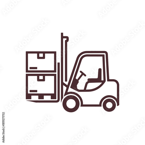 Brown forklift truck lifting stacked boxes on a white background cargo