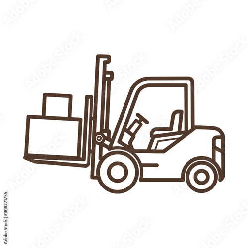 Brown outline forklift lifting a box on white background truck vehicle