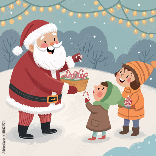 Santa Claus and his son with a little girl presenting Christmas gifts in the snow