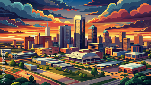 Very beautiful aerial panoramic view of Oklahoma City with a dramatic sunset sky, showcasing glowing clouds, warm light over modern buildings, and a serene urban atmosphere.