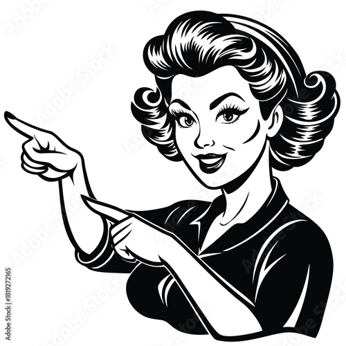 Retro Woman Pointing Two Fingers Aside Vector