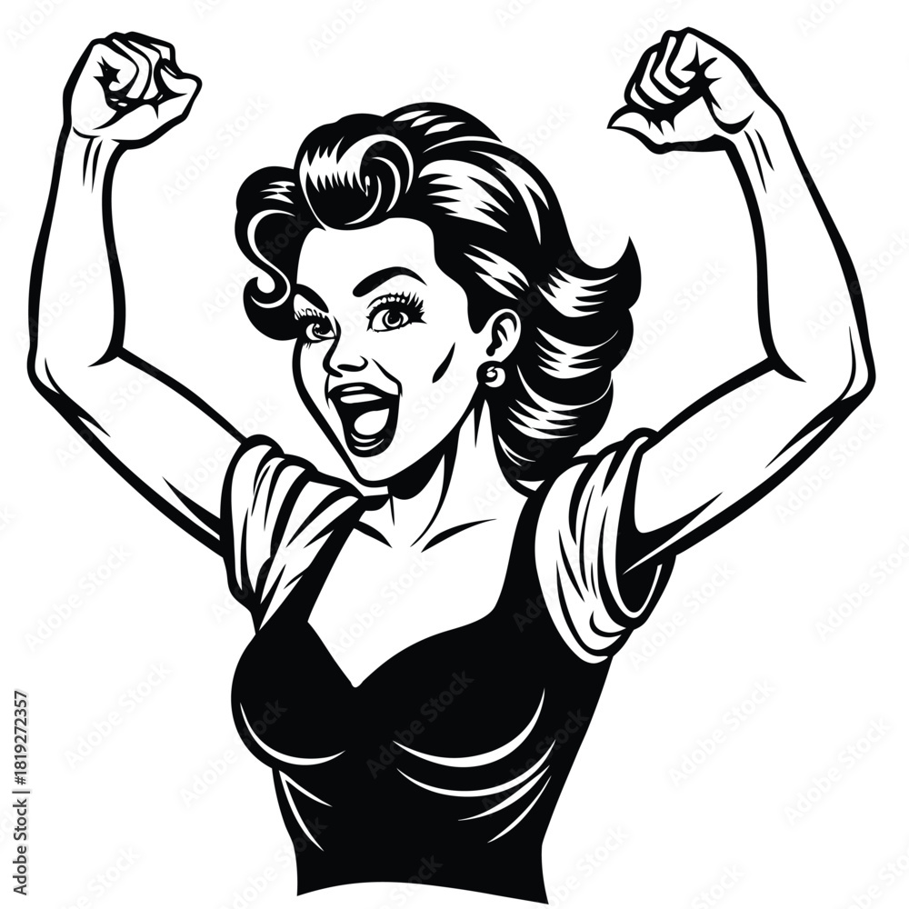 Fototapeta premium Pop Art Comic Excited Woman Cheering Vector
