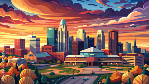 Very beautiful aerial panoramic view of Oklahoma City with a dramatic sunset sky, showcasing glowing clouds, warm light over modern buildings, and a serene urban atmosphere.