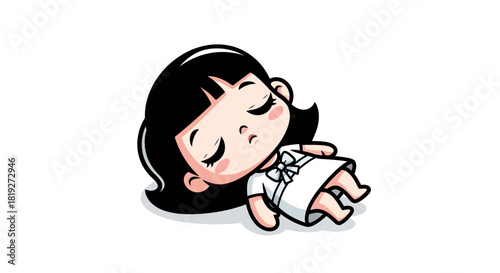 Chibi girl illustration asleep in her little white dress with cute facial expression