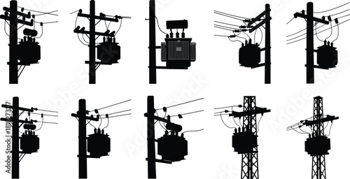 Silhouette vector illustration of utility poles with electrical transformers and wiring—technical infrastructure layout for power distribution, engineering, planning, maintenance, and reference