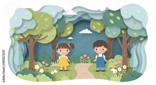 Cute children explore a layered paper-cut forest, an enchanting papercraft landscape