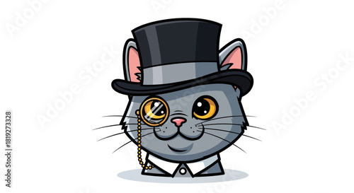 Dapper feline character illustration wearing a top hat and monocle with charm and style