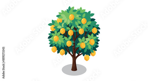 Lush lemon tree with vibrant yellow fruit on a white background