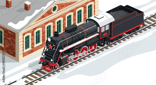 Vintage steam locomotive on snowy track near brick train station in isometric style