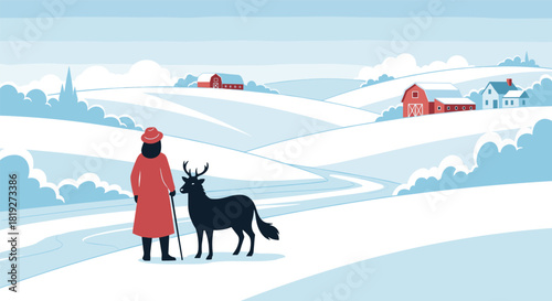 Winter landscape with person and deer in countryside scene